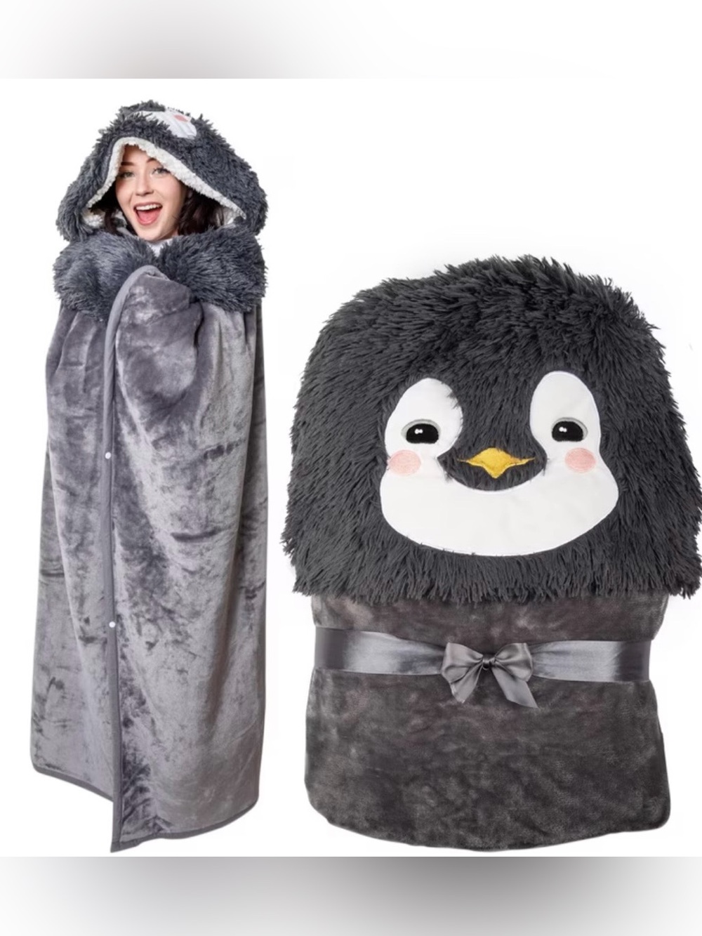 Gray Penguin fleece Hooded Blanket Oversized Blanket Hoodie with Hand Gloves